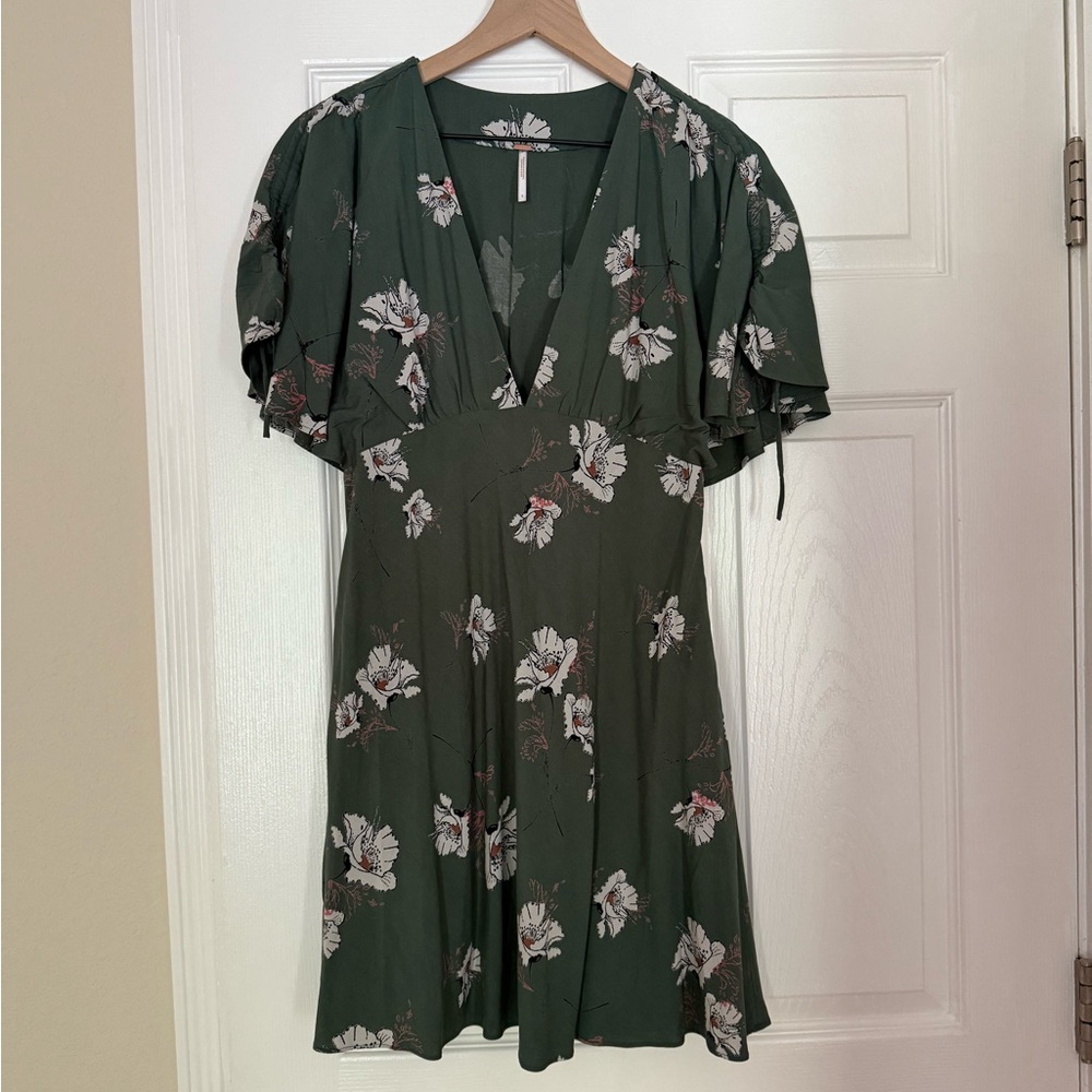 Free People Green and White Flutter Sleeve Mini Dress